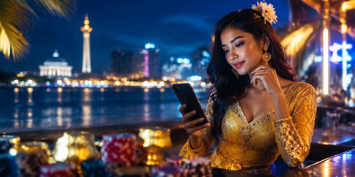 Suasana pantai dengan tampilan antarmuka platform taruhan digital yang menarik di layar smartphone