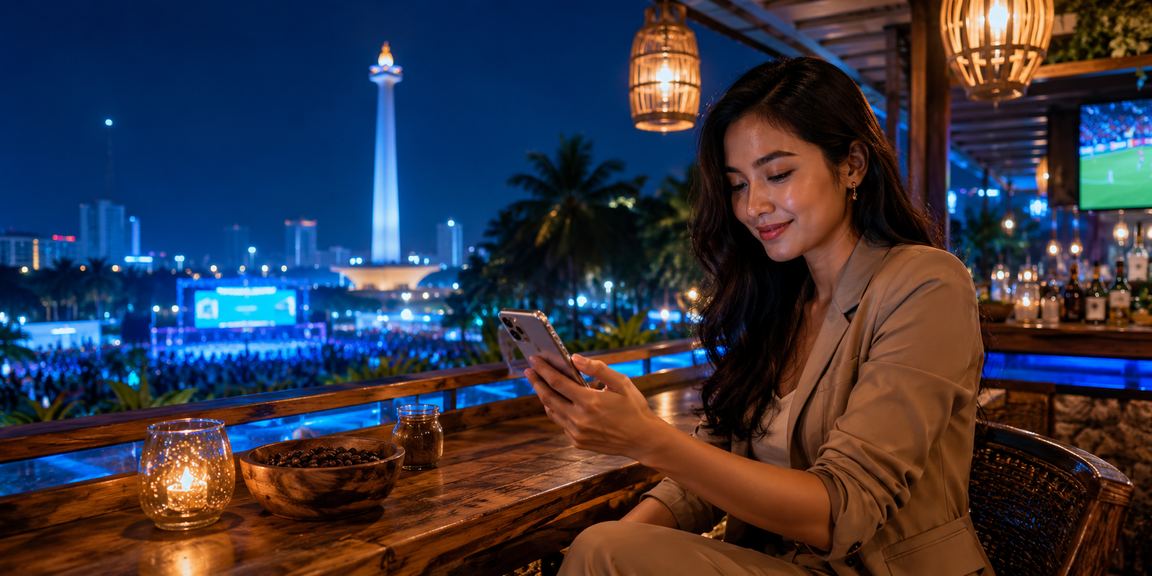 Pengguna bermain kasino online dari ponsel di kafe lokal